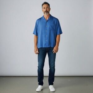 Tommy Bahama Silk Camp Shirt – XL‎ Blue Palm Print, Hawaiian Short Sleeve